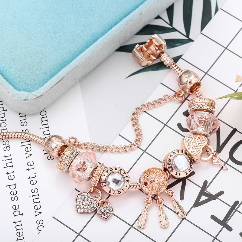 Bracelet attrape-rêves rose en argent sterling à charms