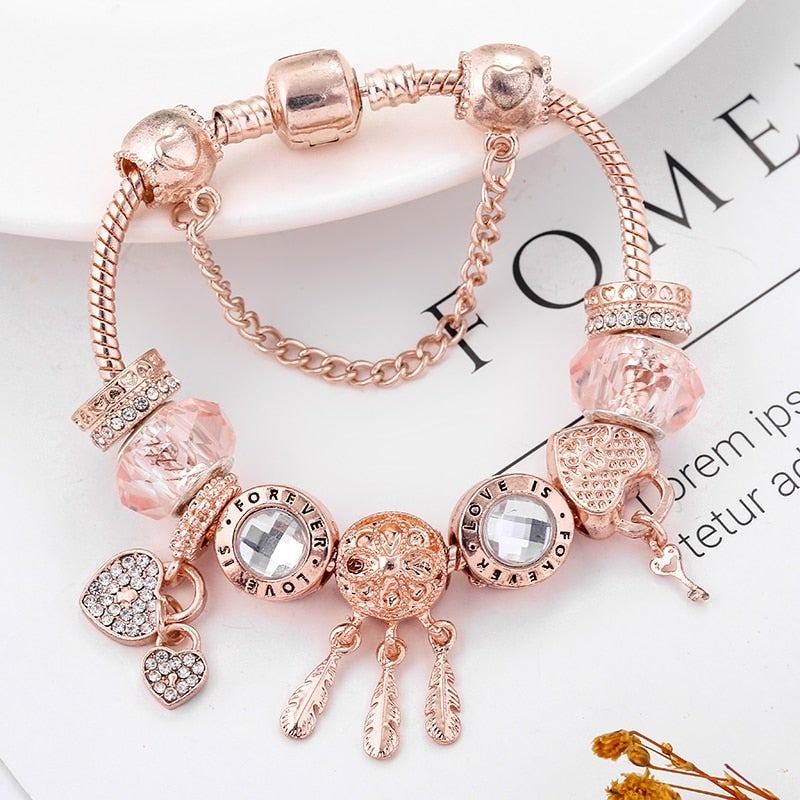 Bracelet attrape-rêves rose en argent sterling à charms
