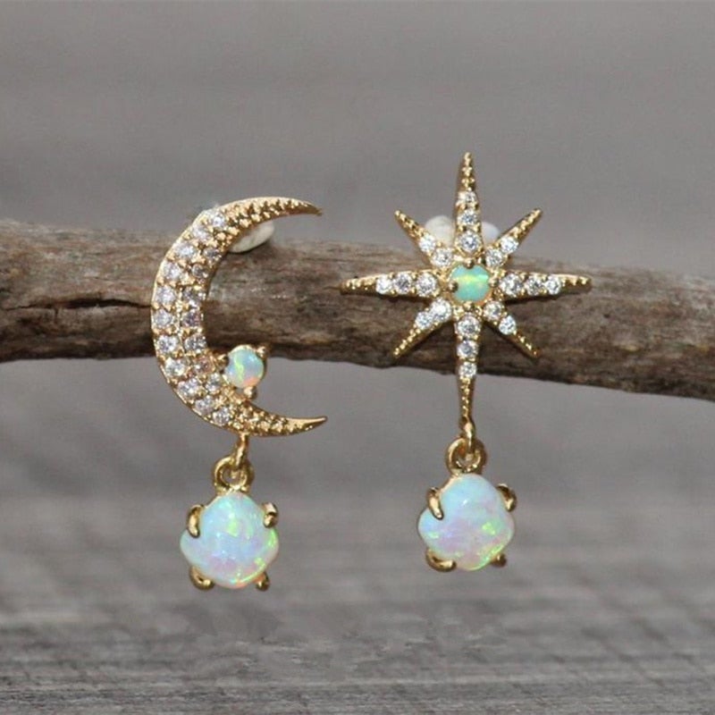 Aurora - Boucles d'oreilles or lune, étoile et opale