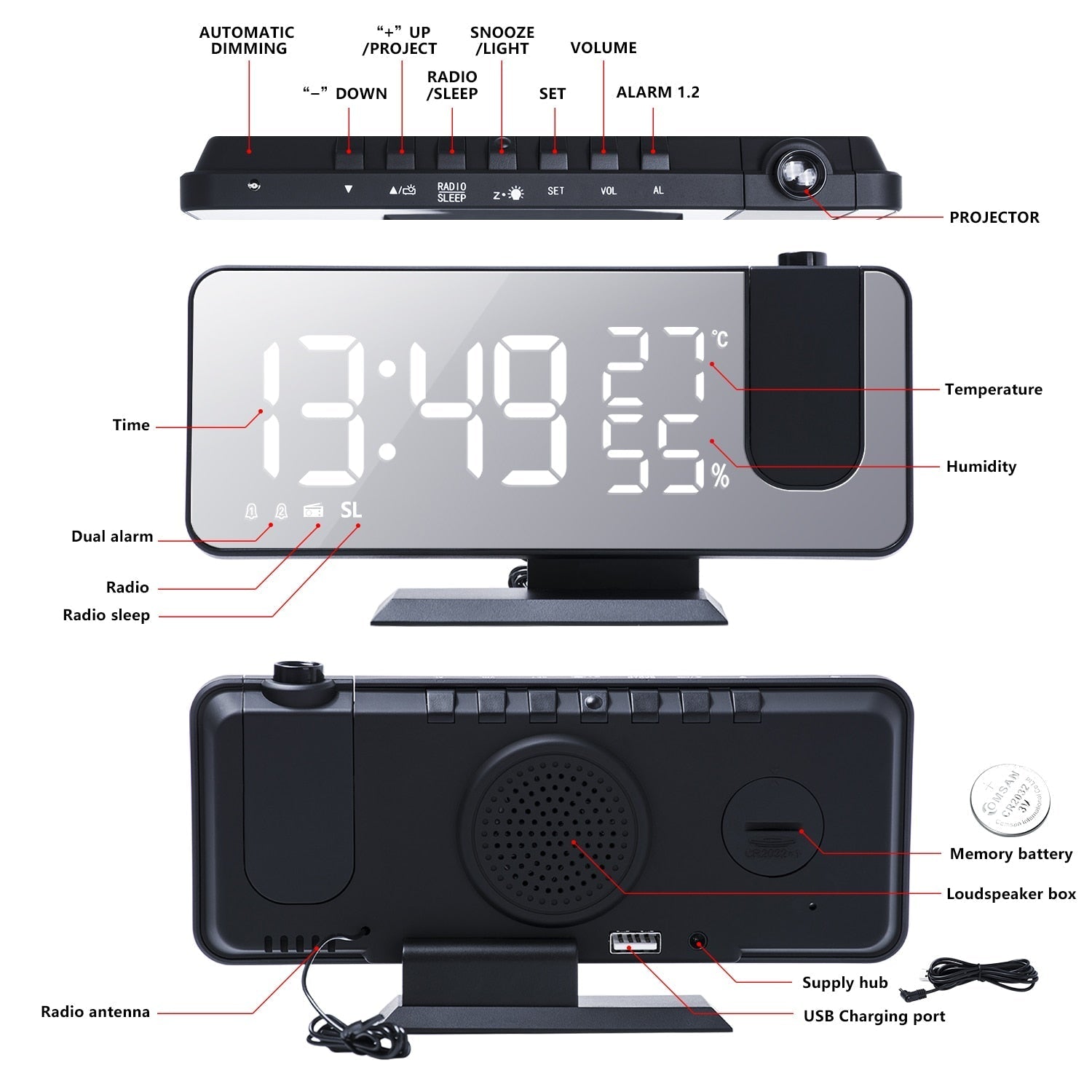 Astronatic Horloge - Écran LED Projecteur 180°