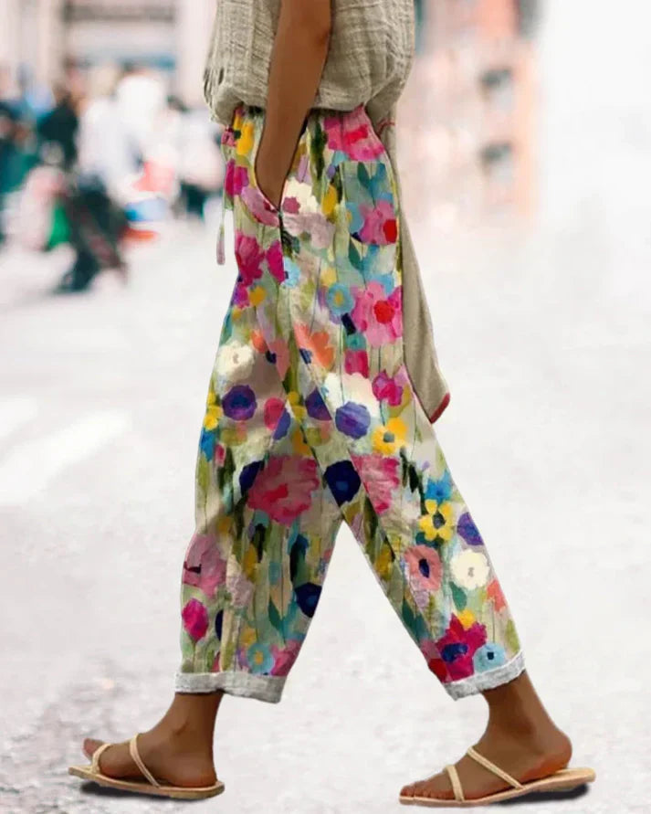 Pantalon Fluide Femme Floral - Élégance Décontractée avec Poches Pratiques 0