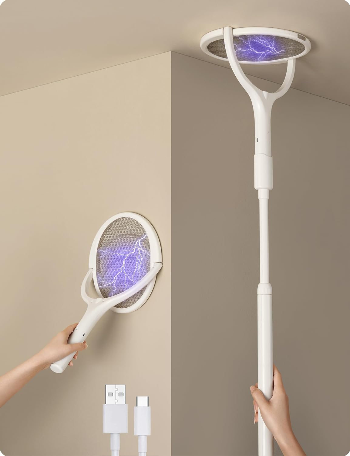 Raquette à Mouches Électrique Rechargeable avec Tête Rotative à 90° | Solution Écologique pour Éliminer les Insectes 0