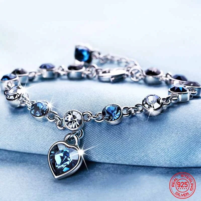 Bracelet Cristal Cœur Océan - Charme Bleu Zirconia