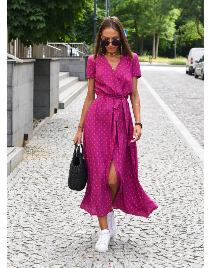 Robe Longue Cache-Cœur Femme - Élégante Robe de Soirée à Pois pour l'Été 1