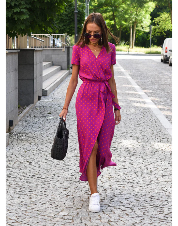 Robe Longue Cache-Cœur Femme - Élégante Robe de Soirée à Pois pour l'Été 2