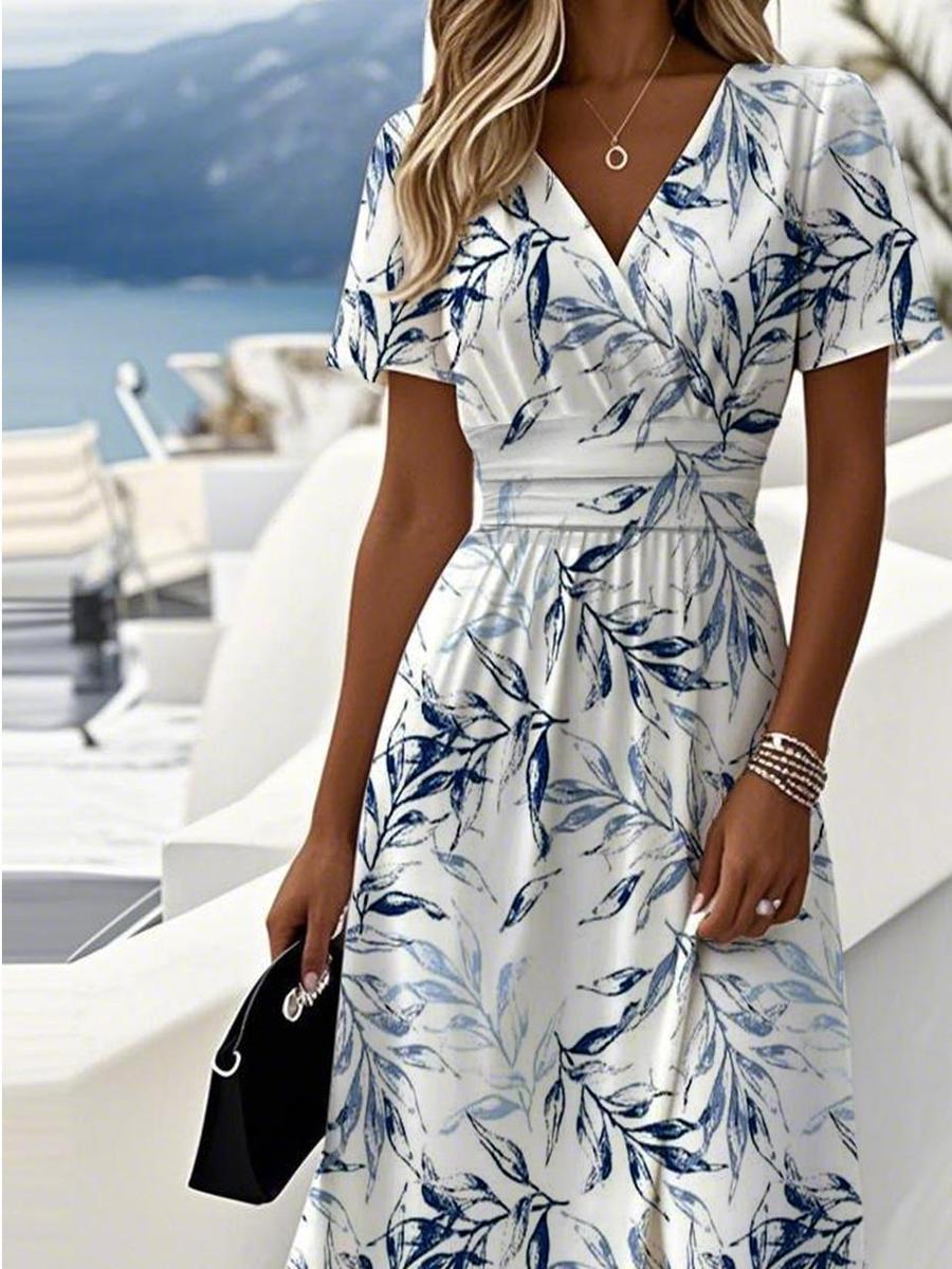 Robe Midi Femme - Élégante Robe Décontractée avec Col en V et Manches Courtes 1