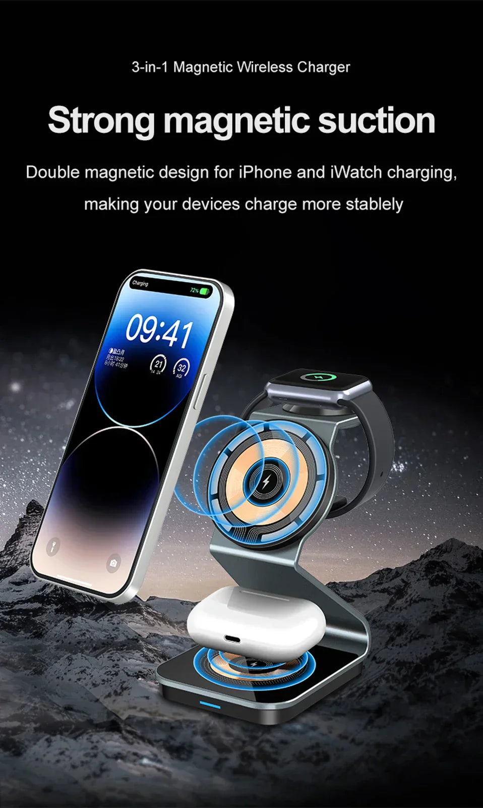Chargy Pro - Chargeur Magnétique 3-en-1 Sans Fil