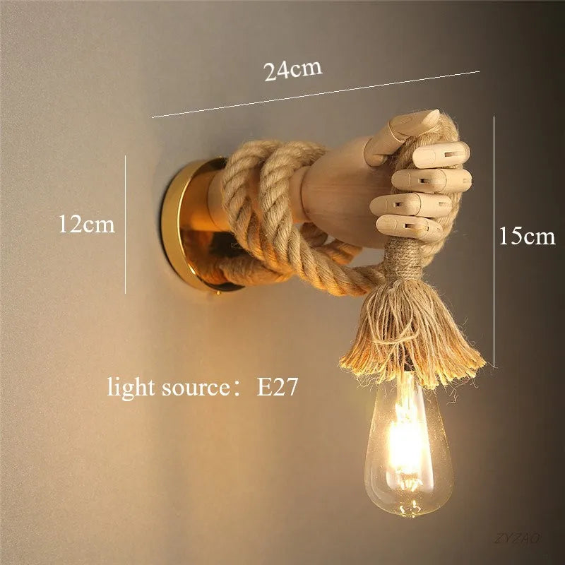 RetroHand - Lampe murale industrielle en corde en forme de main