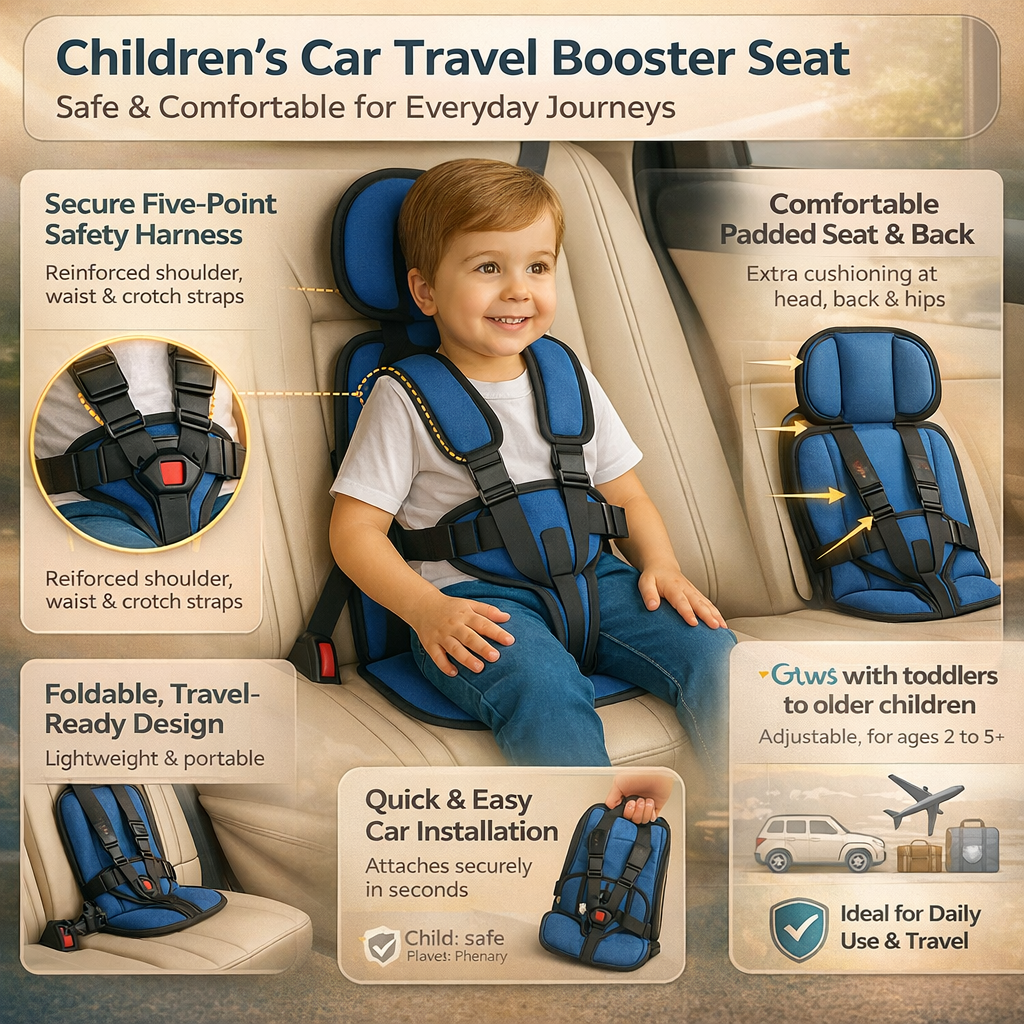 Siège Auto Pliable pour Enfants avec Harnais à Cinq Points | Rehausseur Voiture Sécurisé et Confortable pour Voyages 1
