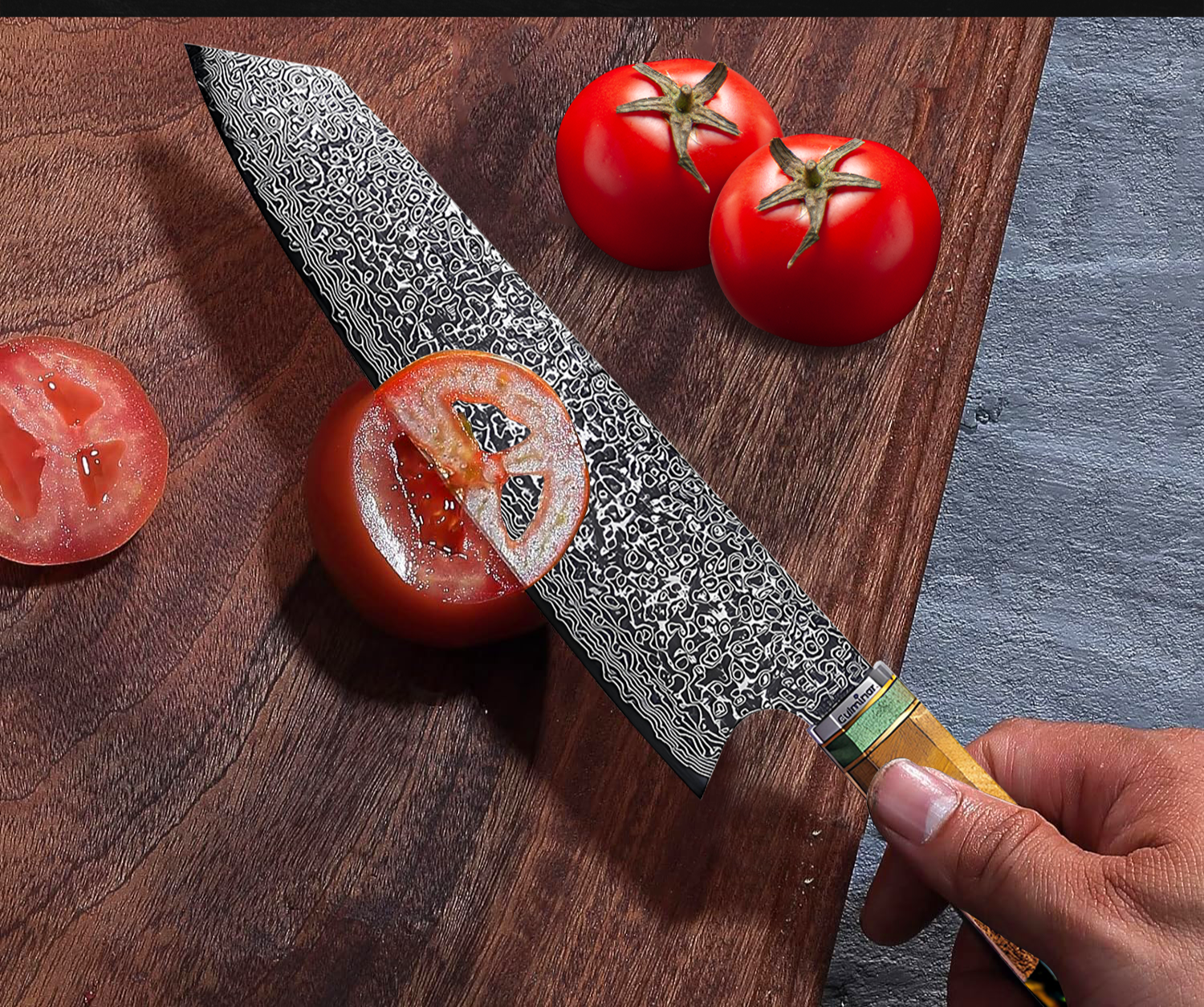 SmaragdMes - Couteau de Chef Japonais en Acier Damas