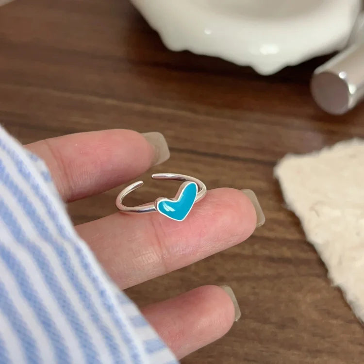 Ameline - Bague cœur en argent goutte bleue réglable