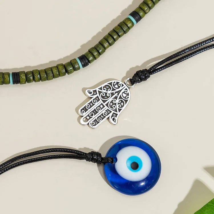 Ravi - Set de 3 colliers unisexe main, mauvais œil et perle