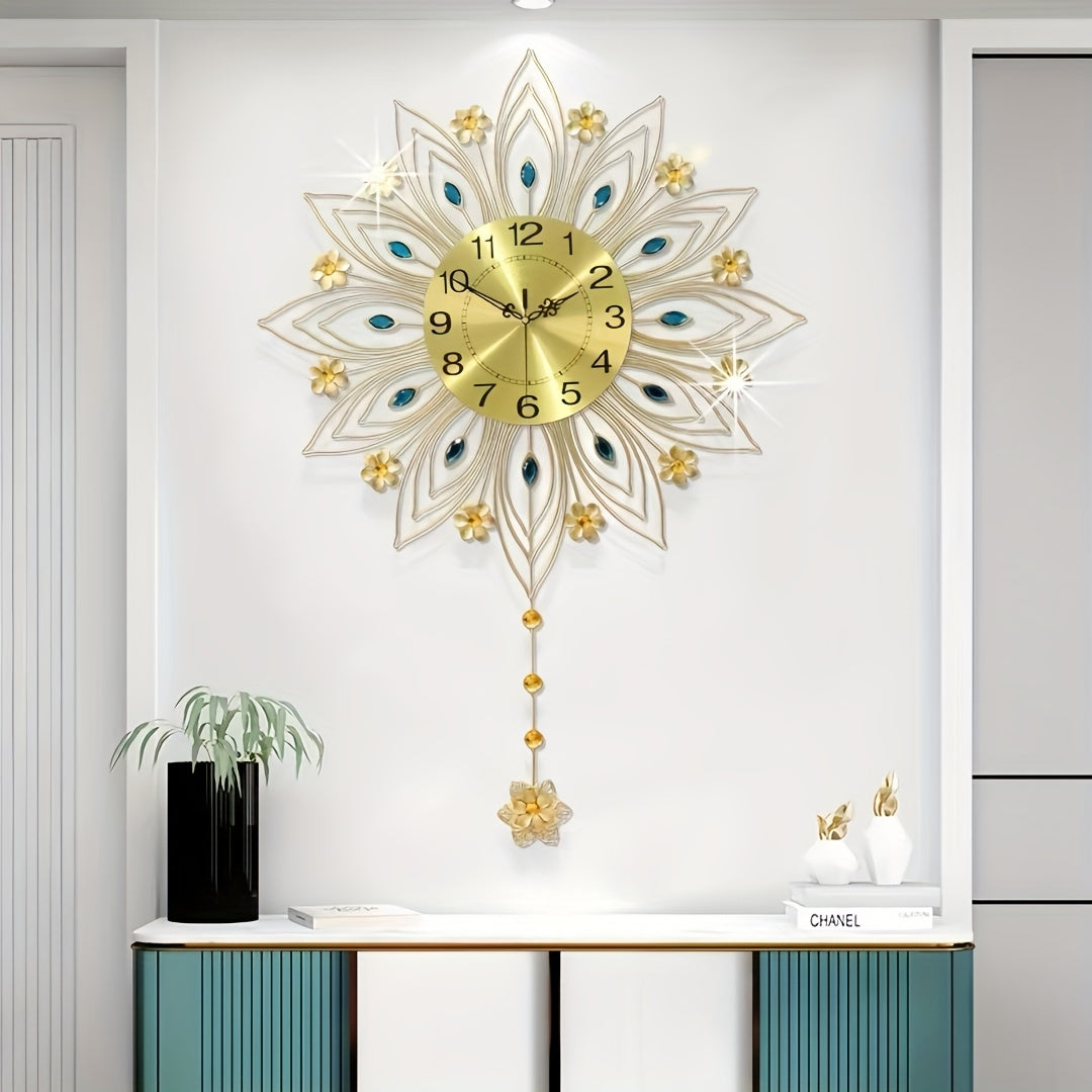 GoldenBloom Clock - Horloge Murale Silencieuse de Luxe a Motif Floral