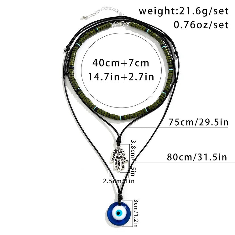 Ravi - Set de 3 colliers unisexe main, mauvais œil et perle