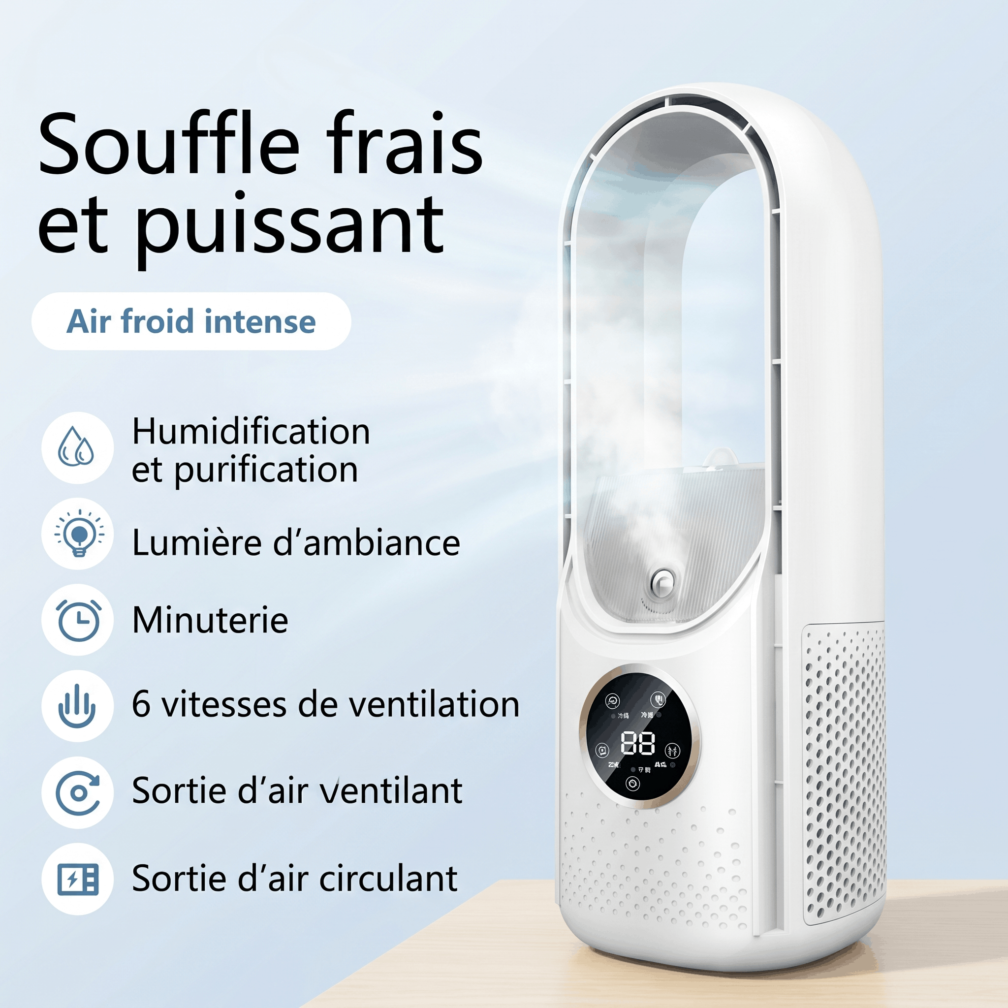 Ventilateur sans Pales 2-en-1 - USB, Écran LED et 6 Vitesses