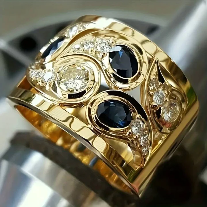 Elara - Bague dorée élégante aux cristaux bleus vintage