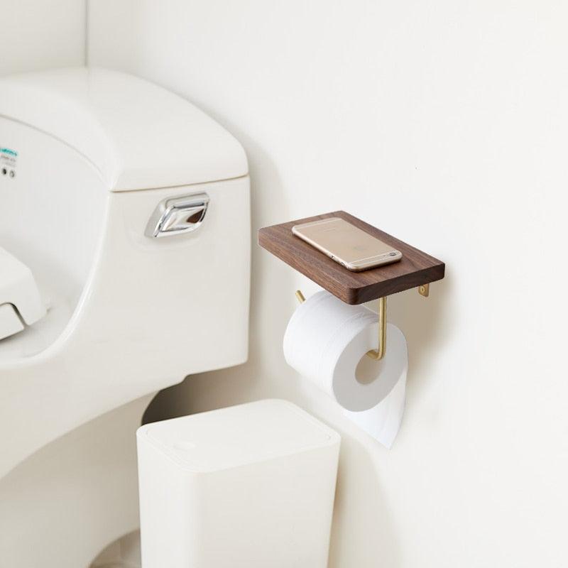 WoodNest - Porte-rouleau de papier toilette en bois avec tablette de rangement