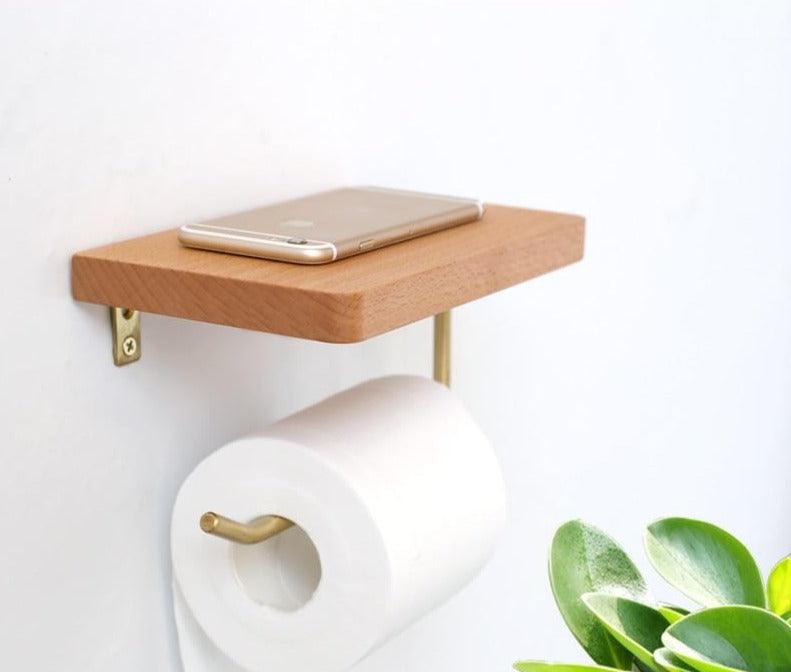 WoodNest - Porte-rouleau de papier toilette en bois avec tablette de rangement